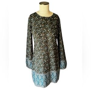 ABERCROMBIE & FITCH Mini Shift Boho Floral Paisley Dress- Olive Blue Size Small